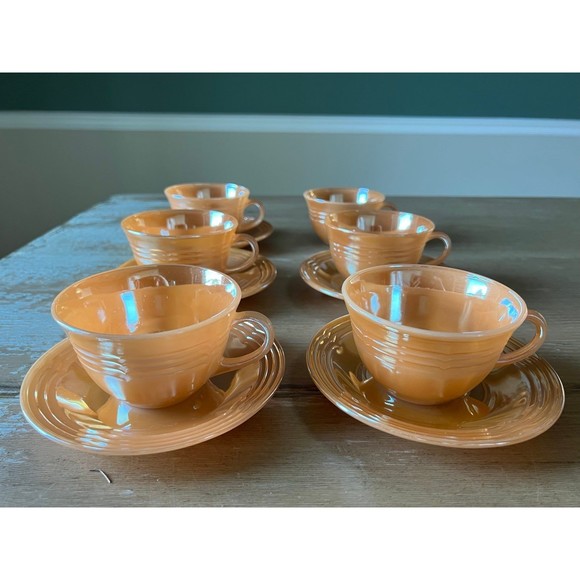 1950s Fire King Peach Luster Three Bands Kitchenware Set 6 Coffee Cups & Saucers - Picture 2 of 9